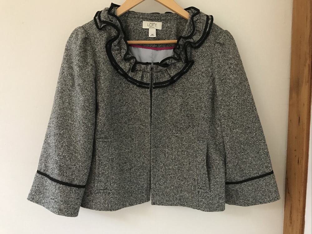 Ann Taylor Loft Petites Womens Black White Ruffled Wool Blazer Jacket 10P 39"